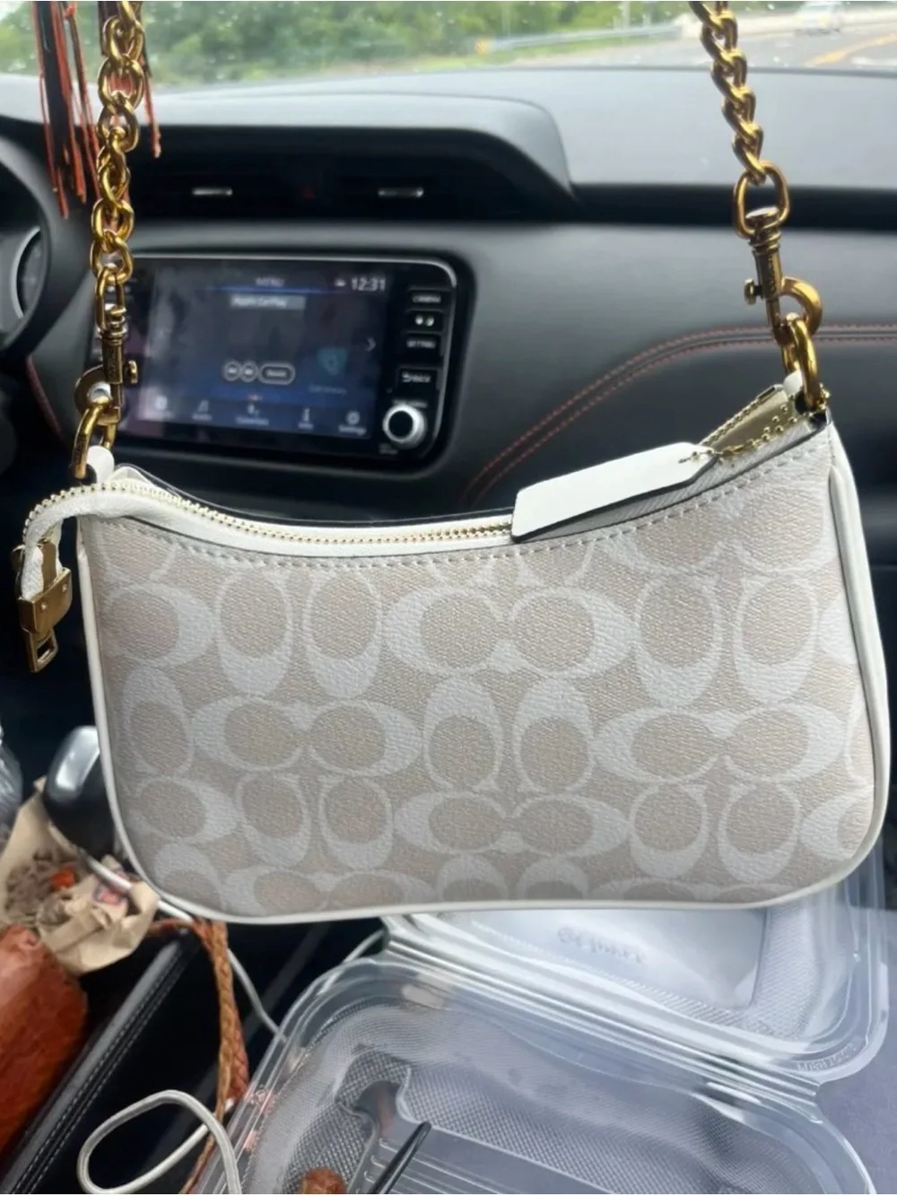 Coach Cream Signature Canvas Shoulder Bag with Gold Chain